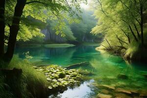 majestuoso ver de lagos caminando en de madera pasarela a través de plitvice nacional parque lagos Croacia. generativo ai foto