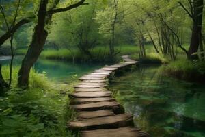 majestuoso ver de lagos caminando en de madera pasarela a través de plitvice nacional parque lagos Croacia. generativo ai foto