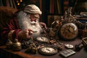 Santa checking his enormous pocket watch, adjusting his spectacles, calling out last minute deliveries as his elves scramble to complete final gift preparations. Generative AI photo