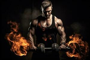 Portrait of bodybuilder with burning dumbbell. Generative AI photo