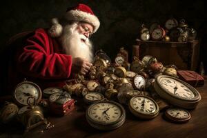 Santa checking his enormous pocket watch, adjusting his spectacles, calling out last minute deliveries as his elves scramble to complete final gift preparations. Generative AI photo