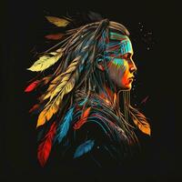 Portrait of a native warrior, braids with one feather in a native headband. Tshirt vector, vivid colors, detailed, on black background. Generative AI. photo