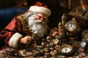 Santa checking his enormous pocket watch, adjusting his spectacles, calling out last minute deliveries as his elves scramble to complete final gift preparations. Generative AI photo