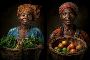 Portraits of farmers proudly holding baskets of fresh-picked fruit, vegetables, grains and legumes. Their faces and clothing suggest dedication to craft, health, nutrition and community. Generative AI photo