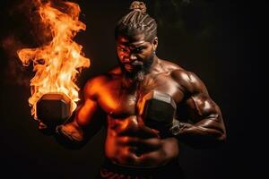 Portrait of bodybuilder with burning dumbbell. Generative AI photo