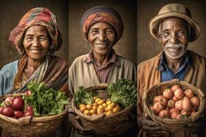 Portraits of farmers proudly holding baskets of fresh-picked fruit, vegetables, grains and legumes. Their faces and clothing suggest dedication to craft, health, nutrition and community. Generative AI photo