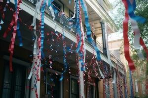 Red, white and blue banners hang from porches, waving in the breeze like colorful flags. Star shaped confetti and streamers line the streets, sprinkled from trees and rooftops. Generative AI photo