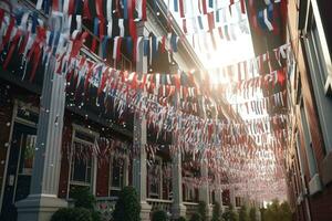 Red, white and blue banners hang from porches, waving in the breeze like colorful flags. Star shaped confetti and streamers line the streets, sprinkled from trees and rooftops. Generative AI photo