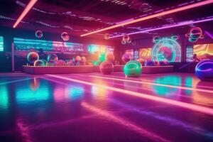 Retro roller skaters dazzling around an enormous indoor roller rink, neon lights and disco balls casting a colorful glow. Generative AI photo