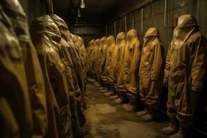 Rows of deserted radiation suits, like a ghostly army, stand at in a storage facility. Reminder of the dangers of radiation and a warning that these suits may yet be needed again. Generative AI photo