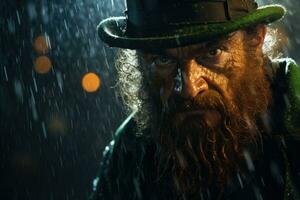 Angry leprechaun at night in the rain. AI-Generated photo