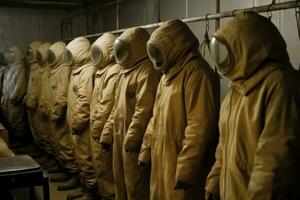 Rows of deserted radiation suits, like a ghostly army, stand at in a storage facility. Reminder of the dangers of radiation and a warning that these suits may yet be needed again. Generative AI photo