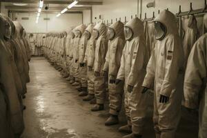 Rows of deserted radiation suits, like a ghostly army, stand at in a storage facility. Reminder of the dangers of radiation and a warning that these suits may yet be needed again. Generative AI photo