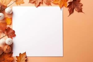 Autumn leaves on peach table, white sheet of paper. AI-Generated photo