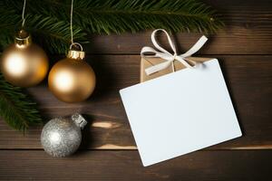 Bosquejo de un blanco etiqueta tarjeta con Navidad árbol juguetes y conos en un de madera antecedentes. ai generado foto