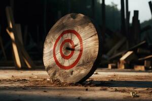 Wooden board with a target for throwing an axe and play darts. AI generated photo