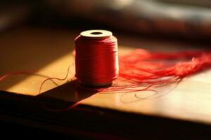 A spool of red thread stands on a wooden table. AI-Generated photo