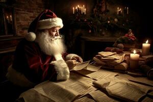 Santa reading heartfelt thank you letters from children all over the world, a tear of joy rolling down his round cheek. Generative AI photo