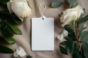 A mock-up of an empty tag on a rope lies with roses on a table on a cloth. AI Generated photo