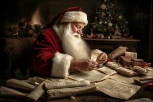 Santa reading heartfelt thank you letters from children all over the world, a tear of joy rolling down his round cheek. Generative AI photo