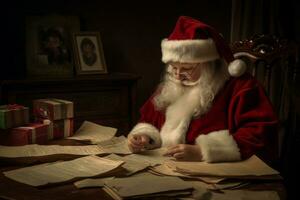 Santa reading heartfelt thank you letters from children all over the world, a tear of joy rolling down his round cheek. Generative AI photo