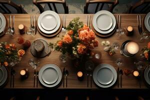 Dining table setting top view. AI-Generated photo