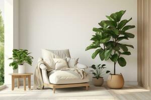 Interior of a room with an armchair and large indoor plants. AI generated photo