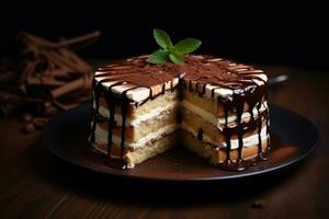 Multi-layered coffee cake with mint leaves and coffee beans. AI generated photo