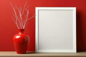 A small vertical layout in a white frame near a red wall with a red vase with a plant. AI-Generated photo