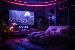 The interior of a bedroom with a bed with blue and pink neon lighting.. AI Generated photo