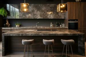 A bar counter in a modern home kitchen interior with granite countertops. AI Generated photo