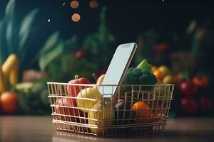 Shopping basket with fresh fruits and vegetables and smartphone. Online buying and delivery concept. Generative AI. photo