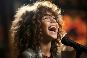 un niña canta dentro un micrófono a un vocal lección. generado por ai foto