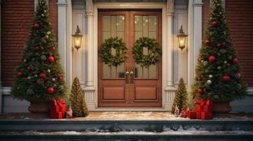 A Christmas wreath is hanging on the front door. AI-Generated photo