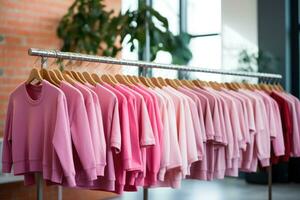 Pink things of different shades , sweatshirts hang on a hanger in the store. AI Generated photo