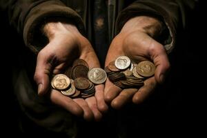 Dirty hands of a beggar man with coins. AI Generated photo