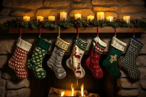 Christmas gift socks hanging on the fireplace with fire. AI generated photo