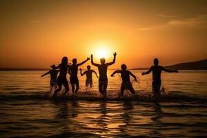 siluetas de joven grupo de personas saltando en mar a puesta de sol. concepto Hora de verano vacaciones. generativo ai foto