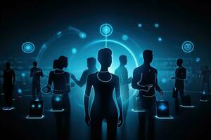 Silhouettes of smartphones, smartwatches and other connected devices merging with human figures. Augmented reality, virtual worlds and Neuralink interfaces. The phygital future is now. Generative AI photo