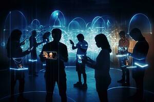 Silhouettes of smartphones, smartwatches and other connected devices merging with human figures. Augmented reality, virtual worlds and Neuralink interfaces. The phygital future is now. Generative AI photo