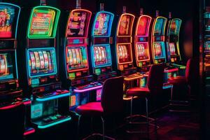 Elite room in the luxury vip casino with rows of gambling slots machine with bright neon colors. Generative AI photo