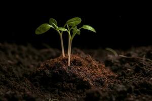 Seedlings growing in soil. Concept ecology and bio. Generative AI. photo