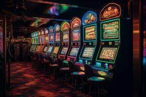 Elite room in the luxury vip casino with rows of gambling slots machine with bright neon colors. Generative AI photo