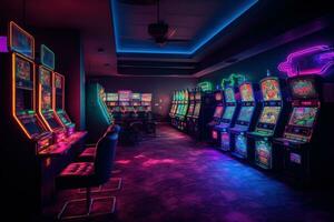 Elite room in the luxury vip casino with rows of gambling slots machine with bright neon colors. Generative AI photo