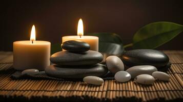 Spa Massage basalt stones with candles, lotus flowers, orchid flower and towels on bamboo mat. Generative AI. photo