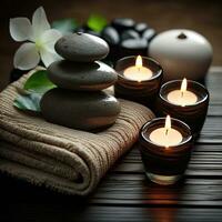 Spa Massage basalt stones with candles, lotus flowers, orchid flower and towels on bamboo mat. Generative AI. photo