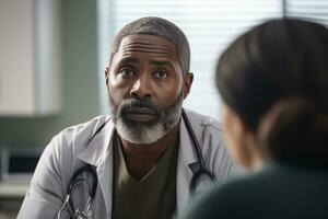 Black doctor talking to a patient in an exam room. Generative Ai. photo