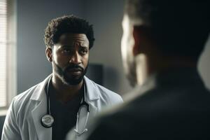 Black doctor talking to a patient in an exam room. Generative Ai. photo