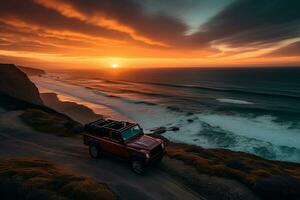 The convertible winding along coastal cliffs with crashing ocean waves in the foreground and a vibrant sunset sky behind them. Generative AI photo