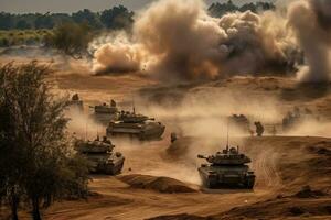 Tanks providing covering fire as infantry dismounts to assault an enemy strongpoint. Combined arms maneuver. Generative AI photo